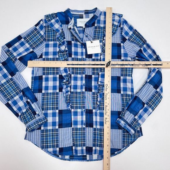 Rochelle Behrens The Shirt‎ Size Small Blue Plaid Button Front Patchwork Ruffle - Picture 10 of 12